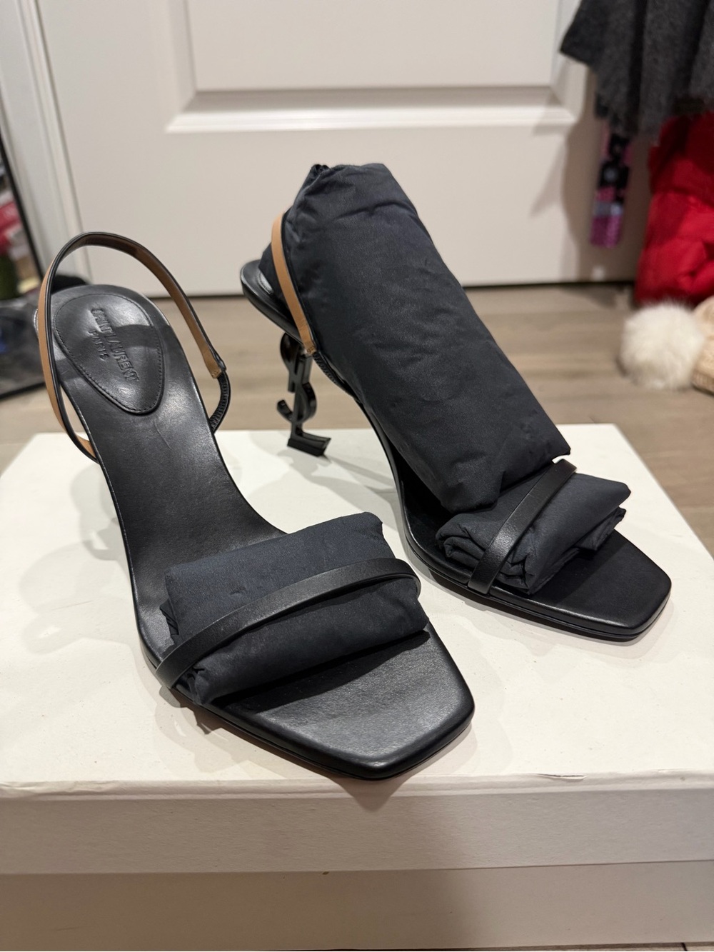 Yves Saint Laurent Black Sandal with Tan Sling and Logo Heel - Picture 4 of 5